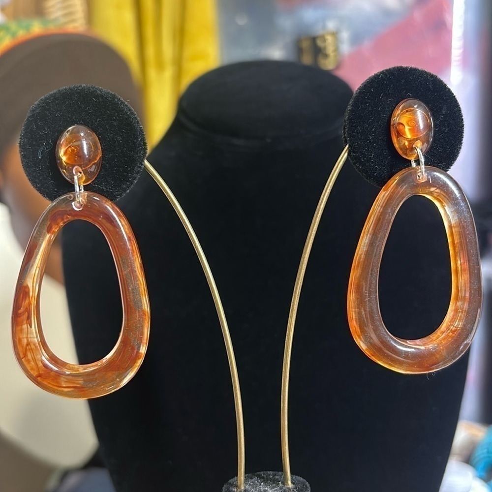 Acrylic brown marble dangle oval earrings